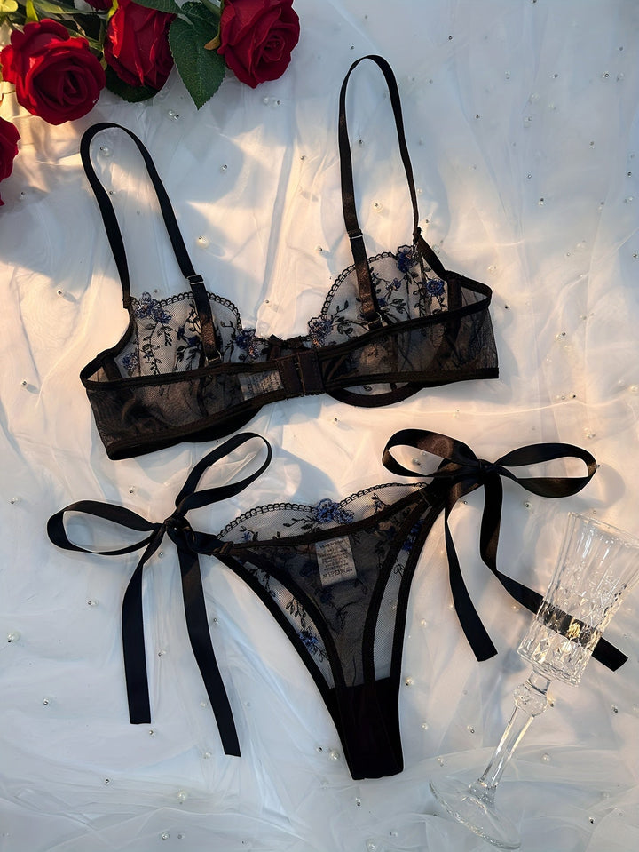 Vynara - Black Embroidered Mesh Lingerie Set