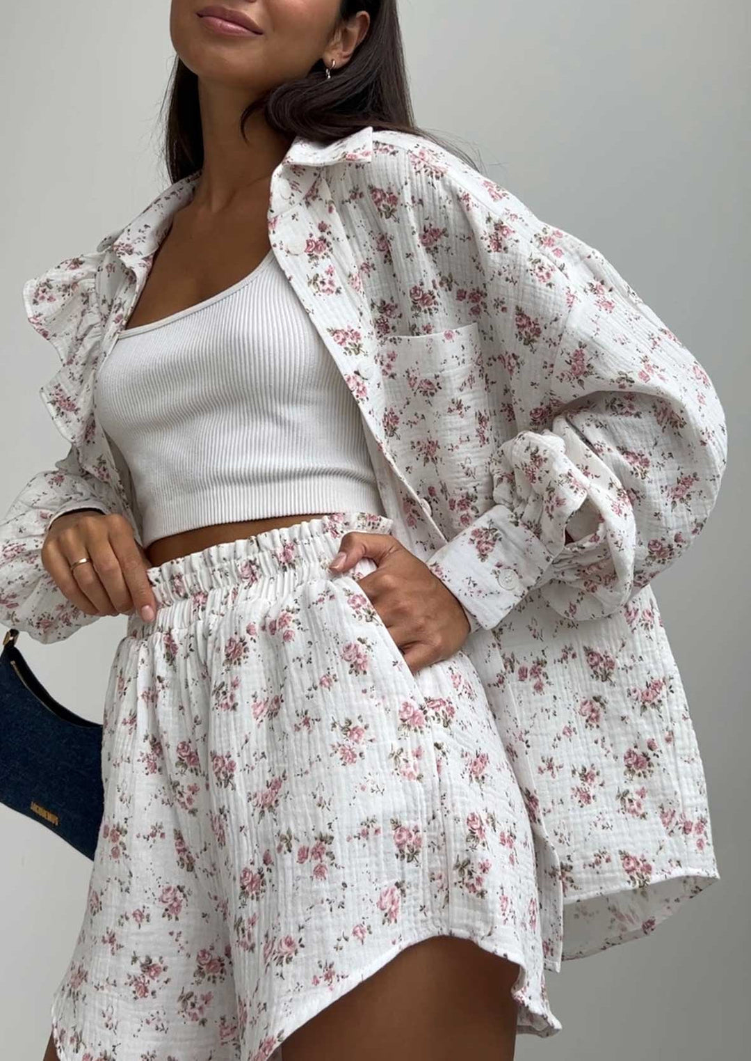 Arlithra - Floral Print Shirt & Shorts Two-Piece Set