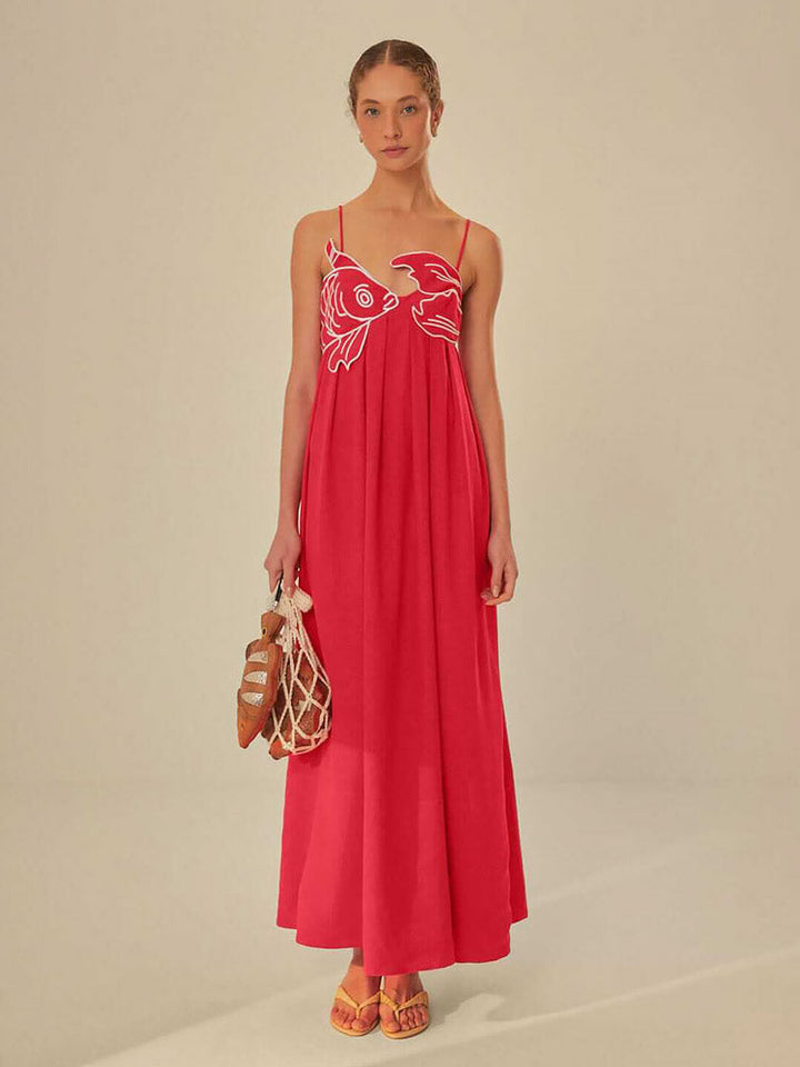 Audrie - Red Fish Embroidered Maxi Dress