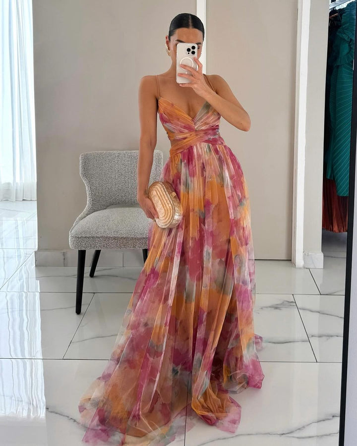 Eirith - Elegant Printed Lace-Up Maxi Dress