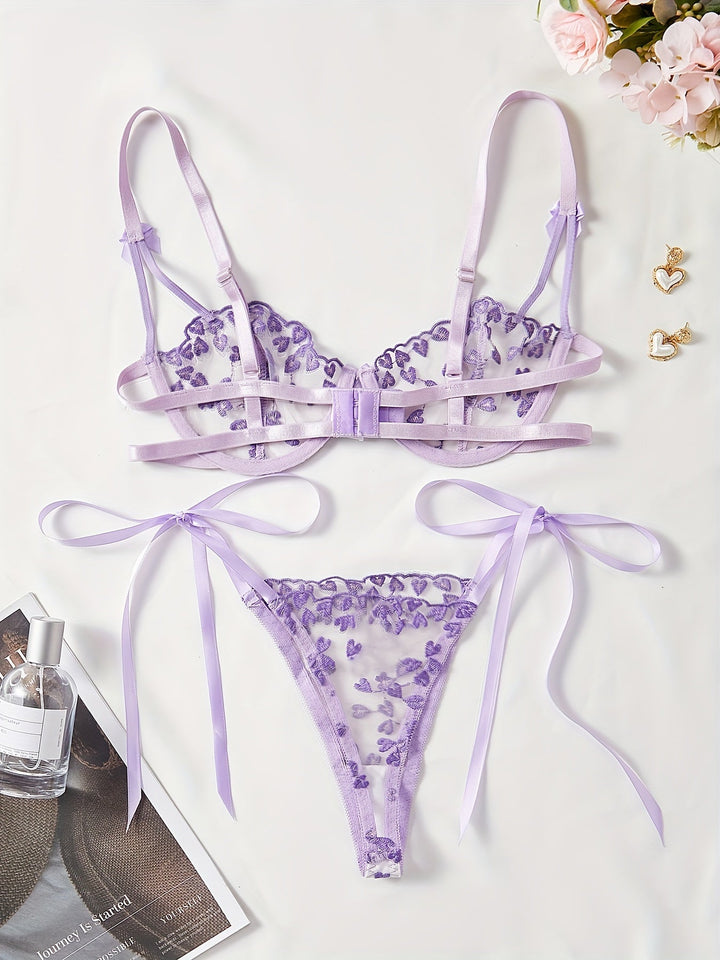 Nyxira - Heart Embroidered Knot Lingerie Set