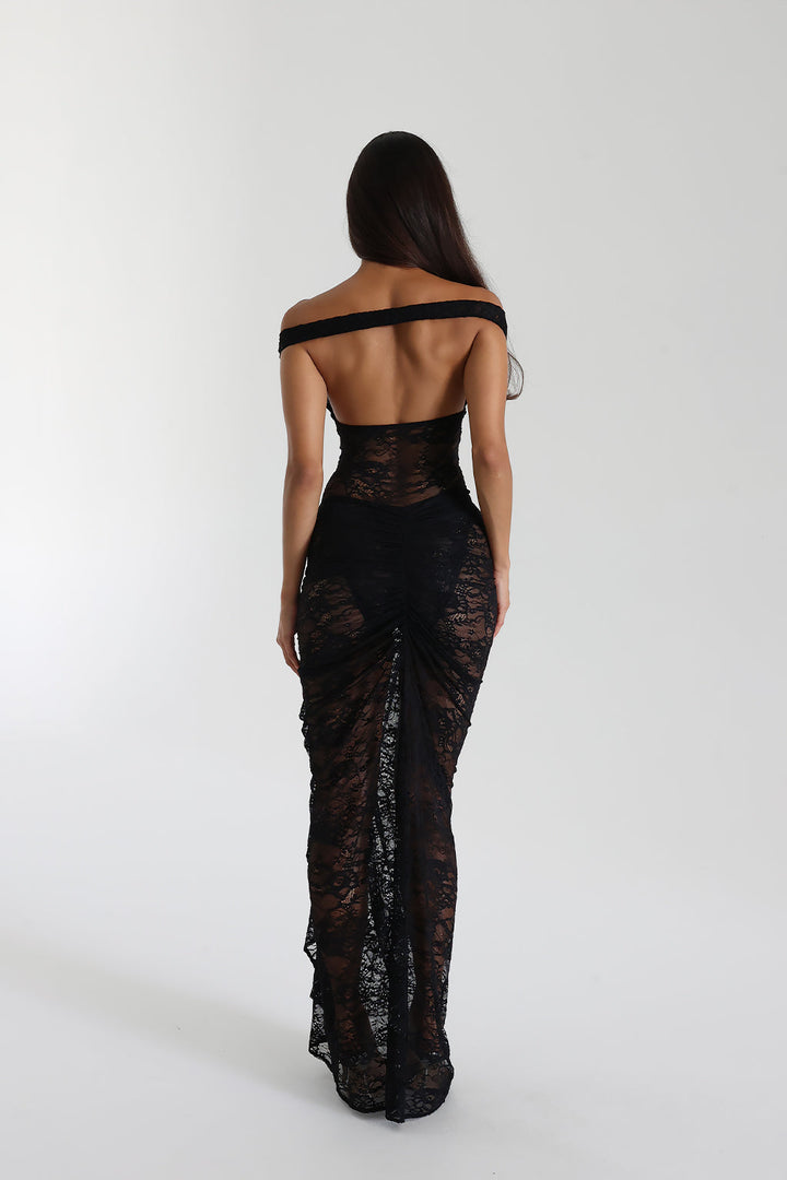 Selune - See-Through Lace Off-Shoulder Maxi Dress