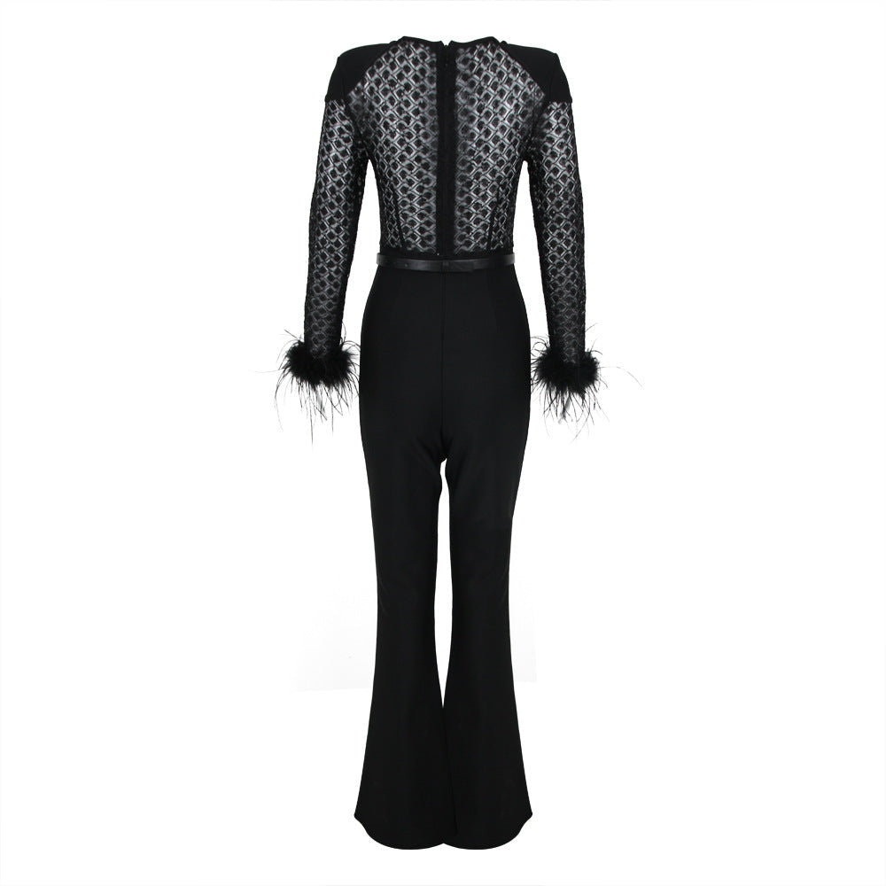 Lenira - Fur Sleeves Lace Slim Fit Jumpsuit