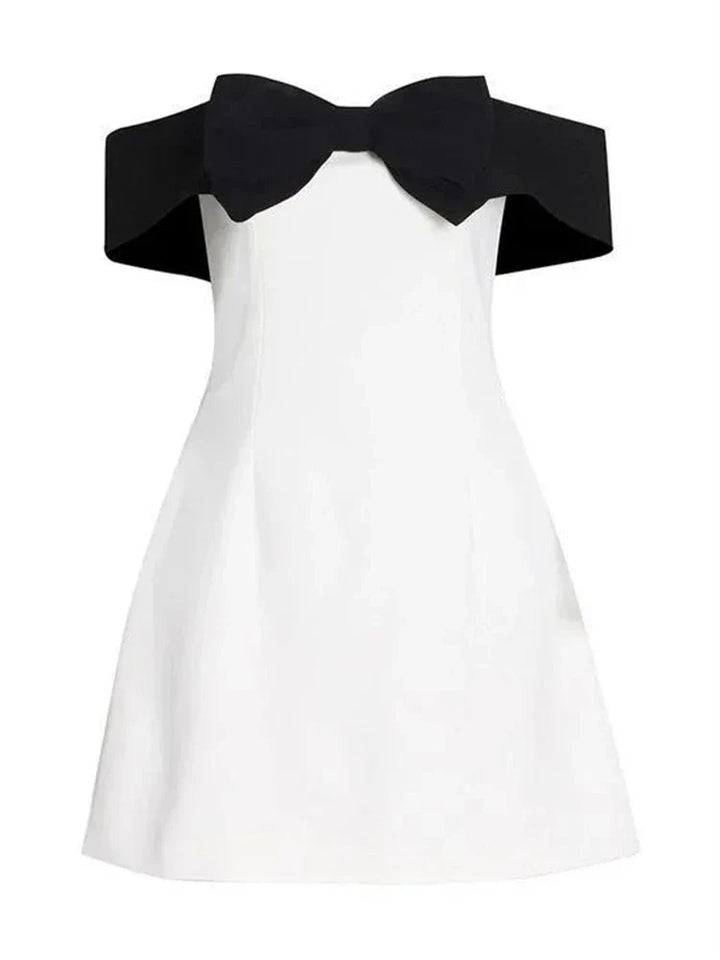 Sylira - Off-Shoulder Contrast Bow Mini Dress