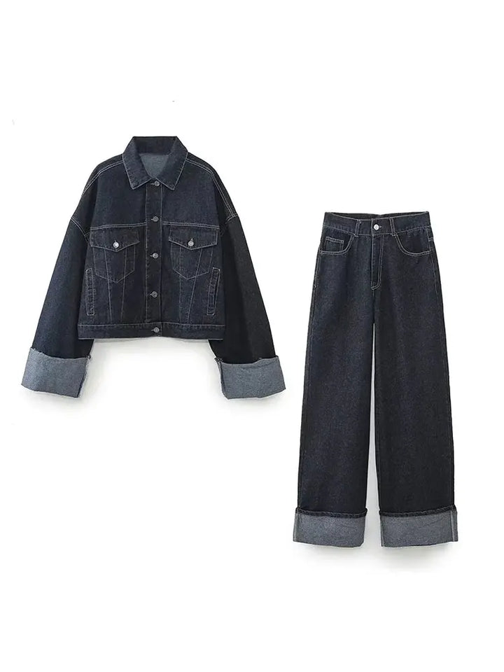 Runa - Collared Long Sleeves Denim Two-Piece Set