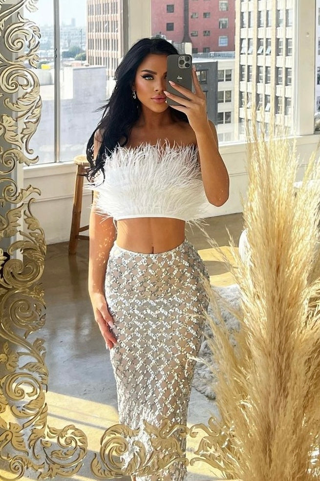 Loretta - Fur Top & Shiny Sequins Skirt Two-Piece Set