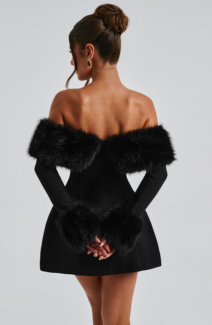 Venyra - Off-Shoulder Fur Sleeve Mini Dress